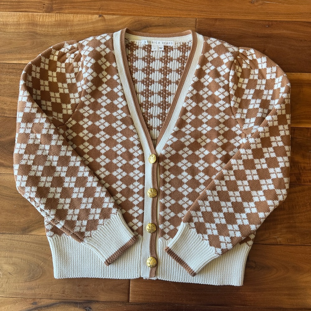 Veronica Beard Brown and Cream Argyle Knit Cardigan